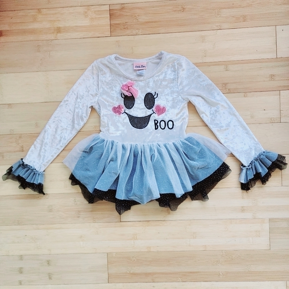 Little Lass BOO Ghost Layered Tutu Top Girl's 6 White Velvety Velour Halloween